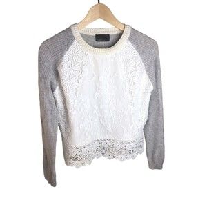 MILLROWYA & S.W. Wool-Blend Floral Lace Crewneck Knit Long Sleeve Sweater S Grey